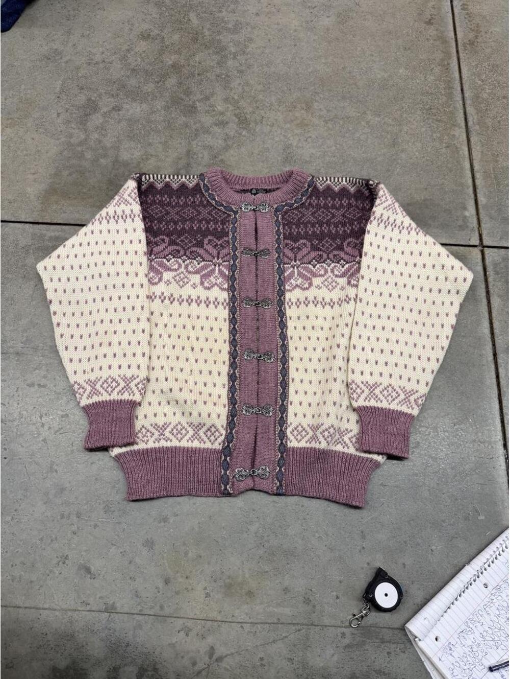 vintage pink white and purple button down knit cardigan sweater medium WOMENS